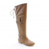 New Brieten Women's Low Heel Buckles Back Lace-up Thigh High Boots