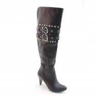 New Brieten Women's Studded Bukles Kitten Heel Knee High Brown Boots