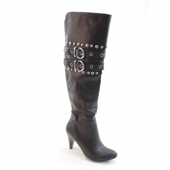 New Brieten Women's Studded Bukles Kitten Heel Knee High Brown Boots