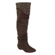 New Brieten Women's Studded Kneel High Low Heel Wide Calf Slouch Brown Comfort Boots