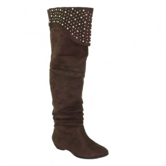 New Brieten Women's Studded Kneel High Low Heel Wide Calf Slouch Brown Comfort Boots