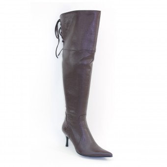 New Brieten Women's Lace up Pointy Toe Kitten Heel Kneel High Brown Boots