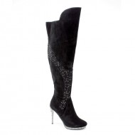 New Brieten Women's Rhinestone Black High Heel Knee High Dress Boots
