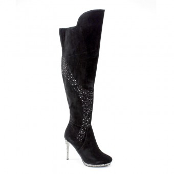 New Brieten Women's Rhinestone Black High Heel Knee High Dress Boots