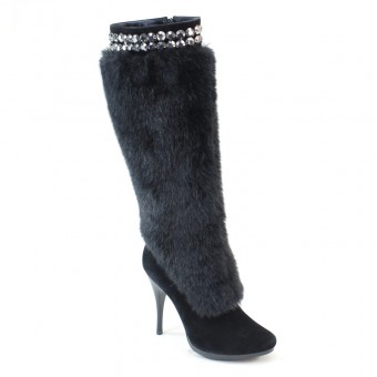 New Brieten Women's Studded Artificial Fur High Heel Platform Knee High Boots