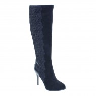 New Brieten Women's Lace High Heel Knee High Black Suede Long Dress Boots