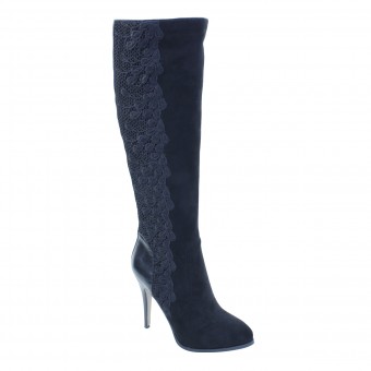 New Brieten Women's Lace High Heel Knee High Black Suede Long Dress Boots