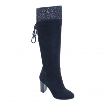 New Brieten Women's Lace up Knee High Chunky Heel Black Suede Dress Boots