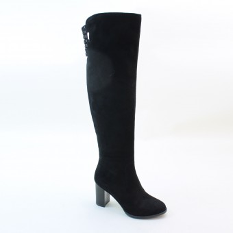 New Brieten Women's Rhinestone Knee High Chunky Heel Black Suede Dress Boots