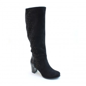 New Brieten Women's Rhinestone Zipper Middle Chunky Heel Knee High Boots