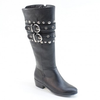 New Brieten Women's Studded Low Heel Double Buckles Chap Boots
