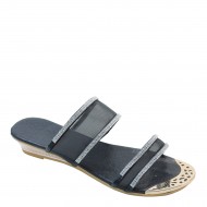 New Brieten  Women's Metallic Ornament Rhinestone Mesh Upper Low Wedge Comfort Slide Sandals