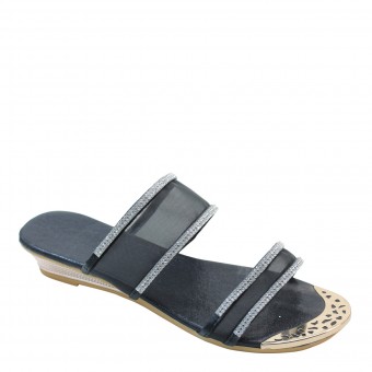 New Brieten  Women's Metallic Ornament Rhinestone Mesh Upper Low Wedge Comfort Slide Sandals