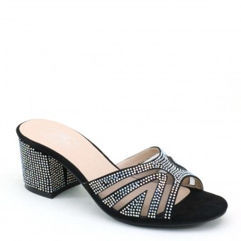 New Brieten Women's Velvet Rhinestone Chunky Low Heel Slide Saandals