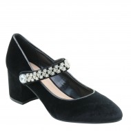 New Brieten Women's Velvet Rhinestone Pointed Toe Chunky Low Heel