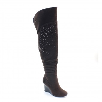 New Brieten Women's Studded Wedge Wide Calf Thigh High Suede Boots