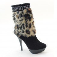 New Brieten Women's Artificial Fur Leopard Studded Stiletto Platform Middle Calf Boots