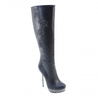New Brieten Women's Floral Studded High Stiletto Heel Platform Knee High Dress Boots