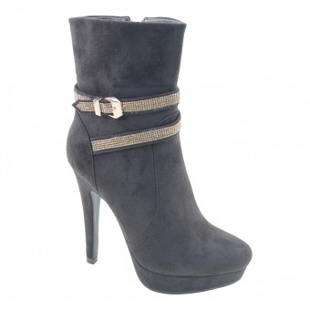 New Brieten Women's Rhinestone Buckle Zipper Almond Toe High Heel Platform Short Boots