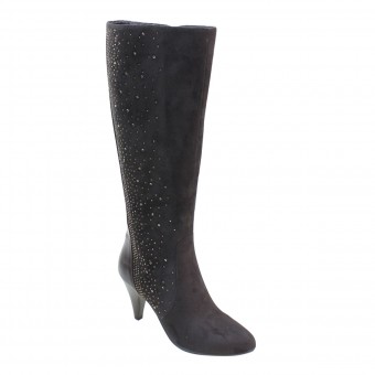 New Brieten Women's Studded Zipper Almond Toe Kitten Heel Knee High Boots