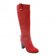 New Brieten Women's Lace up Zipper Rhinestone Chuncky Heel Knee High Boots