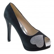 Women's Rhinestone Heart Platform High Heel Black Wedding Shoes