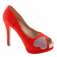 Women's Rhinestone Heart Peep Toe Platform Red Heels for Wedding
