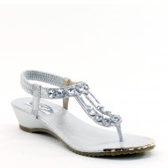 Women's Rhinestone Elastic Ribbon Flip Flops Wedge Silver Wedding Shoes