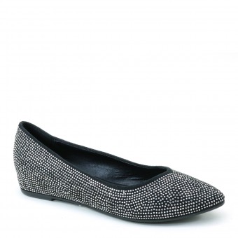 Women's Rhinestones Hide Wedge Pointed Toe Flat Black Shoes